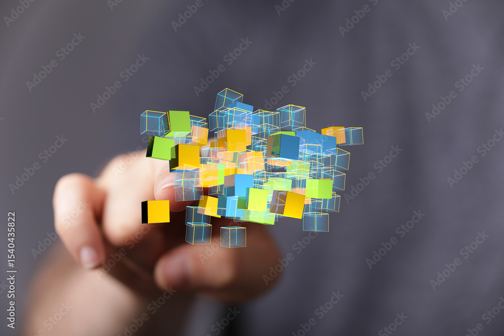 Poster abstract image of interconnected colorful cubes, representing data, technology, and innovation.