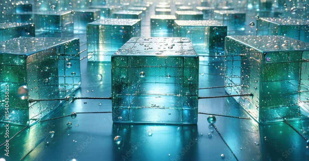 Poster reflective cubes create infinite perspective. water droplets add texture, cool blue tones dominate s