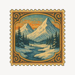 Obraz premium Vintage mountain landscape stamp