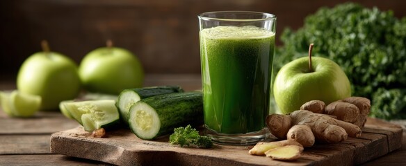 The refreshing green juice with cucumber, apple, and ginger on a wooden table