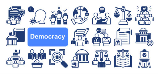 Democracy icon collection set. Containing Elections, Human rights, Transparency, Freedom, Representation, Participation, Constitution. Simple vector © Jefri