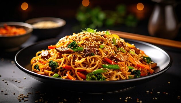 Sesame Noodles with Vegetables on a Black Plate