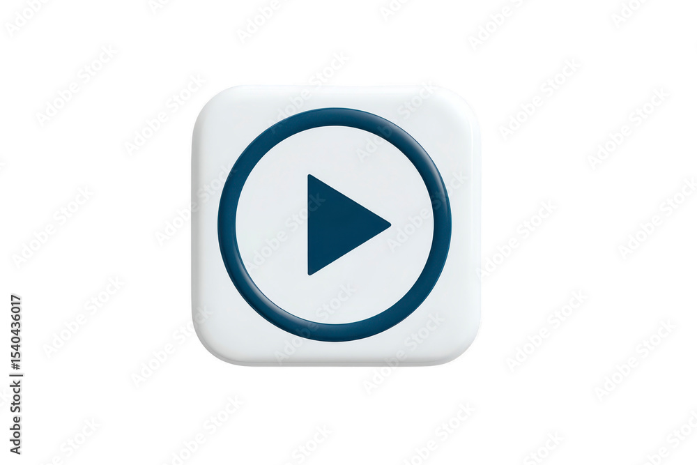 Poster 3d play button icon with blue triangle inside circle on white square background, symbolizing media p