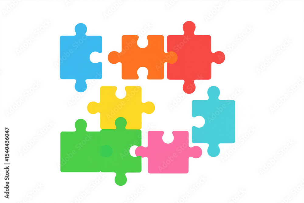 Poster interlocking colorful puzzle pieces forming a cohesive whole on a transparent background, symbolizin