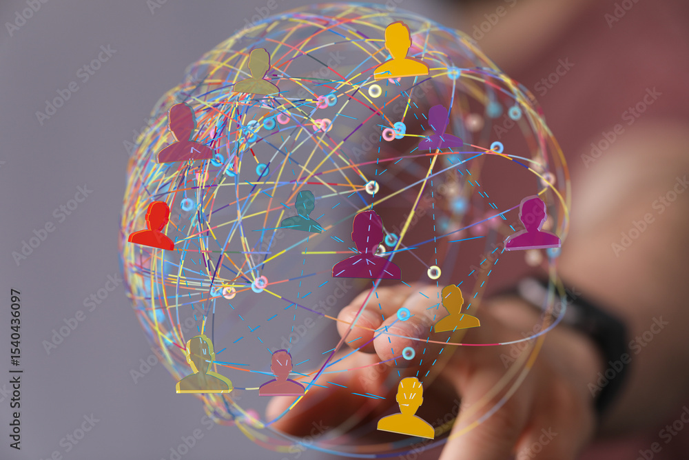 Poster Visual representation of a global network, showing interconnected individuals and communication.