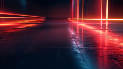 Futuristic Neon Lights Reflecting on Wet Ground Abstract Background