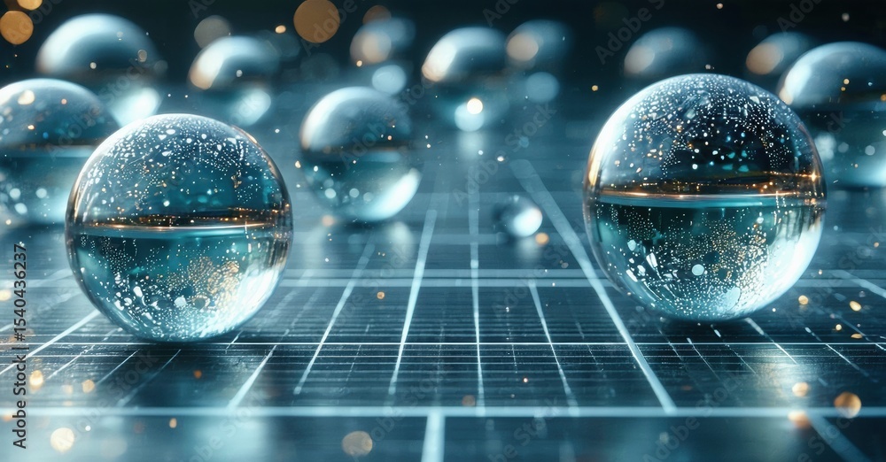 Poster Futuristic scene. Crystal spheres rest upon illuminated grid. Light reflects, creating abstract digital landscape. Depth, focus evident.