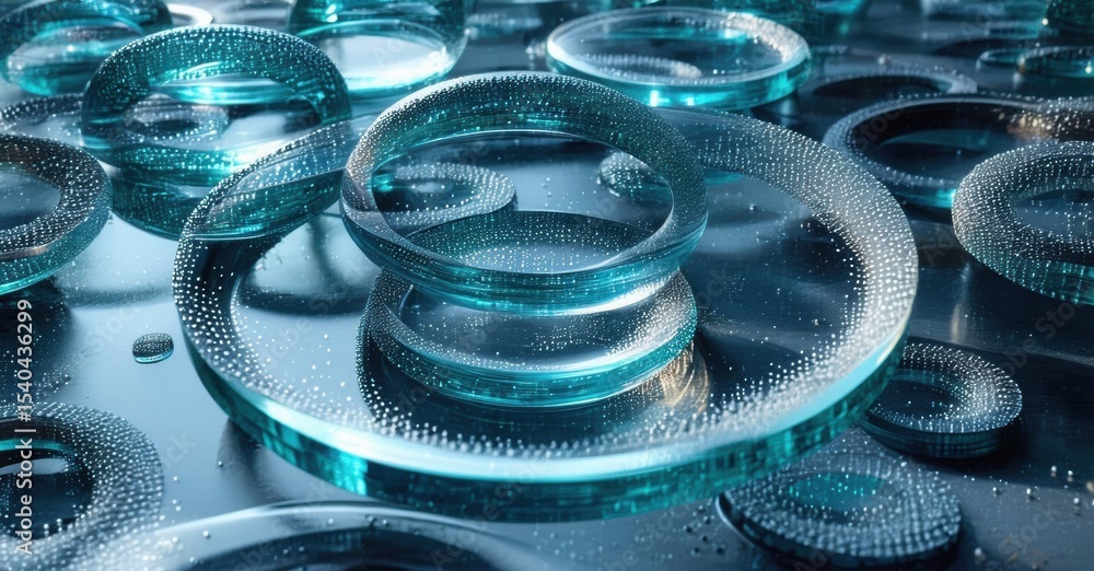 Poster abstract circles, glowing blue, layered. digital data streams, complex network, futuristic design. d