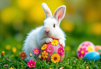 Fluffy white bunny playfully balances a vibrant, decorated Easter egg ,  celebration,  close-up