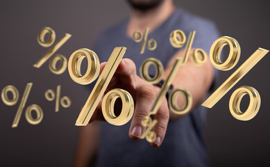 Golden percentage symbols floating, showcasing discounts, interest rates, or sales.