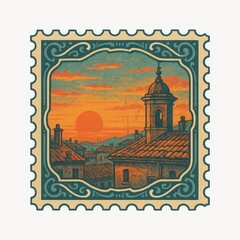 Obraz premium Vintage sunset cityscape stamp