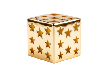 Shiny golden cube with star shaped cutouts, reflecting light and creating luxurious appearance. cube metallic surface and geometric design make it eye catching decorative piece