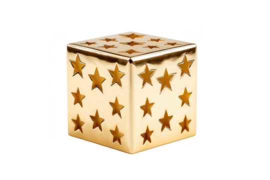 Shiny golden cube with star shaped cutouts, reflecting light and creating luxurious appearance. cube metallic surface and geometric design make it eye catching decorative piece - Powered by Adobe