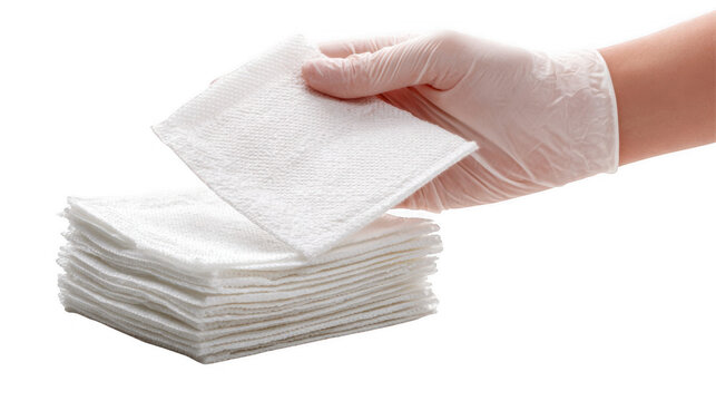 Gloved hand picks up a sterile gauze pad from a stack of gauze pads, suggesting preparation for a medical procedure with a transparent background enhancing editing flexibility