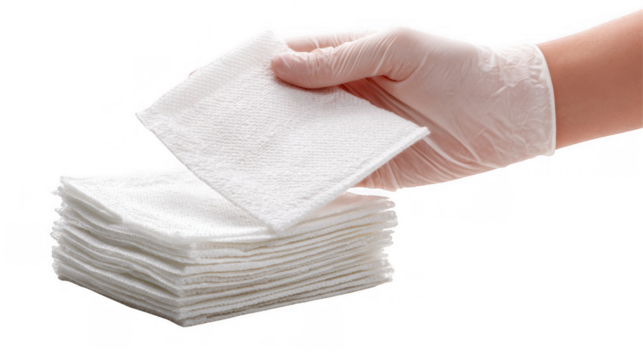 Gloved hand picks up a sterile gauze pad from a stack of gauze pads, suggesting preparation for a medical procedure with a transparent background enhancing editing flexibility