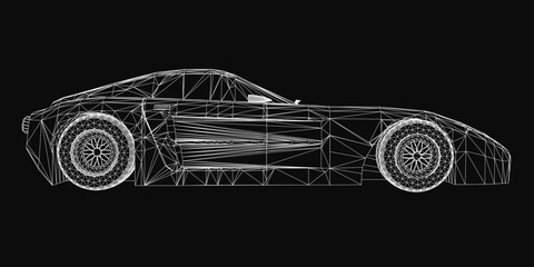 Naklejka premium Low poly wireframe sports car with intricate geometric design, composed of interconnected lines and shapes on a sleek black background. The futuristic aesthetic highlights the vehicle's dynamic.