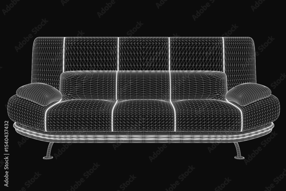 Poster 3d wireframe sofa model on a black background, showcasing realistic contours and structural details.