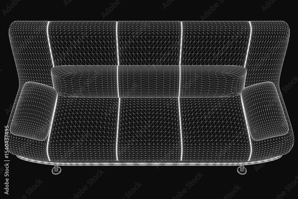 Poster wireframe sofa 3d model on a black background features clean lines and realistic proportions, ideal 
