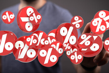 3D rendered image of red percentage symbols floating, great for discount, sale, or finance concepts.