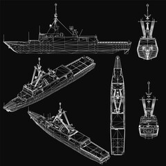 Detailed blueprint of a navy warship on a black background, featuring intricate design elements and labeled sections. The ship's structure includes various shapes and sizes for a realistic. © German Ovchinnikov