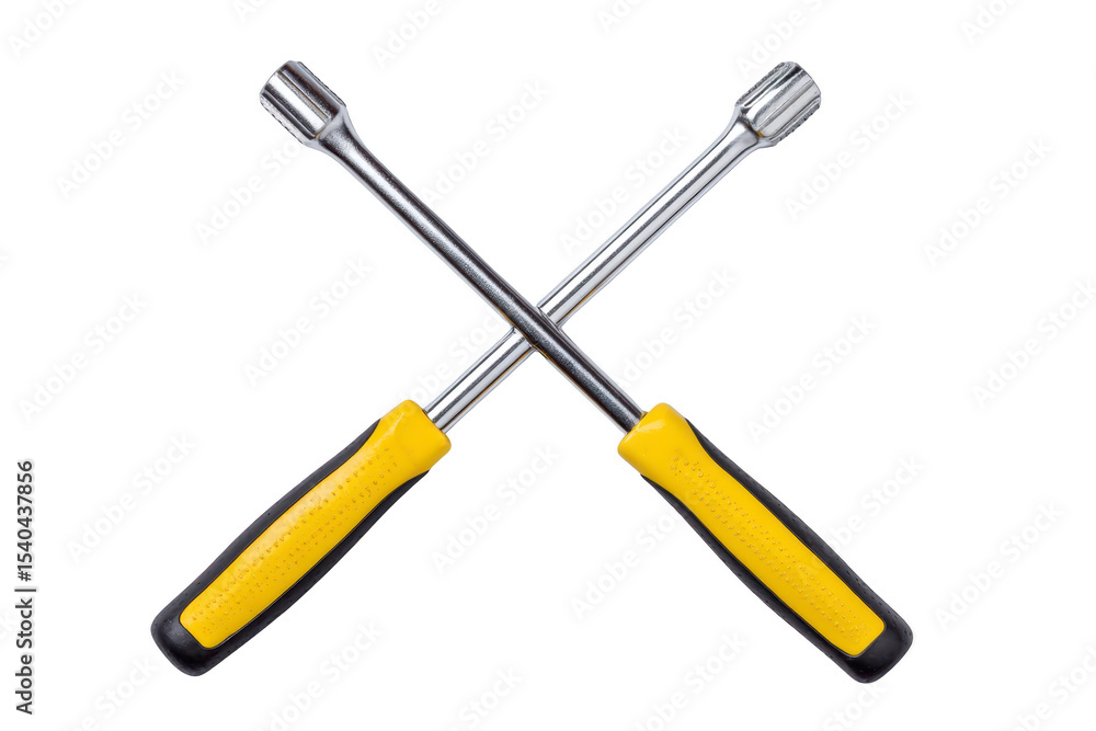 Poster two crossed socket wrenches with yellow handles are displayed against transparency background, showc