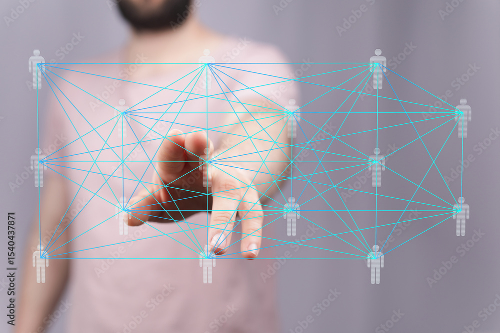 Poster Abstract image of a hand interacting with a digital network of interconnected people, representing communication and teamwork.