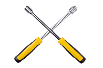Two crossed socket wrenches with yellow handles are displayed against transparency background, showcasing their shiny metal finish and ergonomic grip