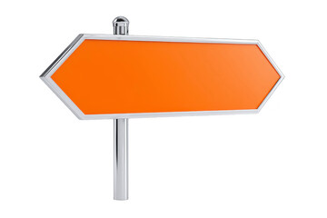 Orange blank directional sign with metallic frame and post, isolated on transparency background, offers clear space for customizable text or symbols