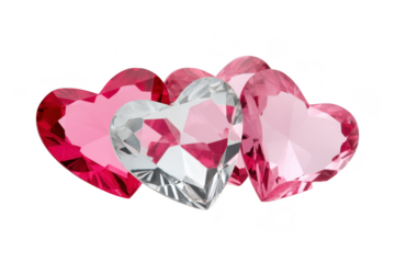 Heart shaped gemstones in red, pink, and clear colors are arranged together, showcasing their sparkling facets and romantic appeal. Perfect for Valentine themes or jewelry design