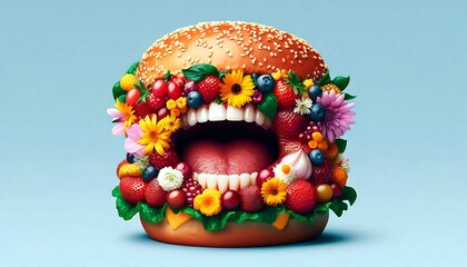  a cheeseburger adorned with vibrant flowers and fruits