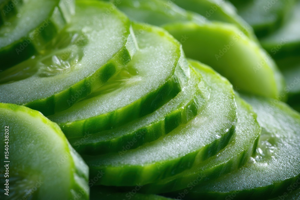 Poster close-up view of vibrant sliced cucumbers showcasing refreshing textures and gentle shadows in a soo