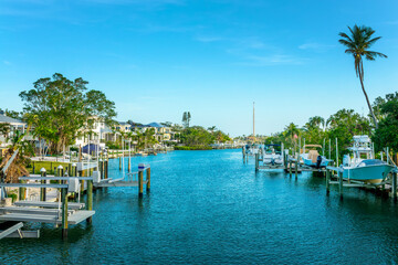 Siesta Key cityscape, canal view with houses and marina, Sarasota, Florida
