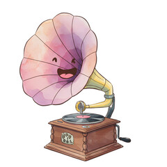 Happy Gramophone Illustration: Vintage Music Player Cartoon watercolor png isolated transparent background