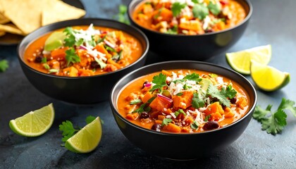 Three bowls of traditional mexican chicken torta ready to delight taste buds with rich and flavorful ingredients