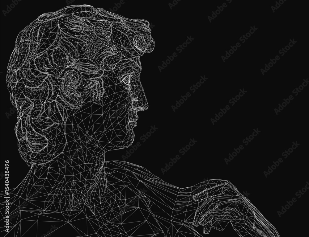 Poster a black and white wireframe portrait of a man resembling the statue of david, deep in thought with h