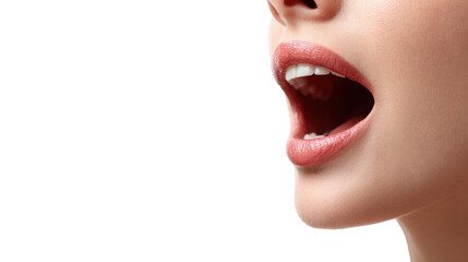 Obraz premium Close up of a woman opening her mouth, revealing white teeth and a pink lipstick, isolated on a transparent background, perfect for beauty and healthcare projects
