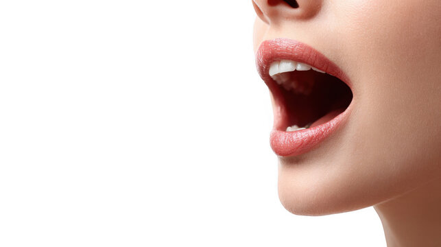 Close up of a woman opening her mouth, revealing white teeth and a pink lipstick, isolated on a transparent background, perfect for beauty and healthcare projects