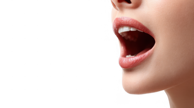 Close up of a woman opening her mouth, revealing white teeth and a pink lipstick, isolated on a transparent background, perfect for beauty and healthcare projects