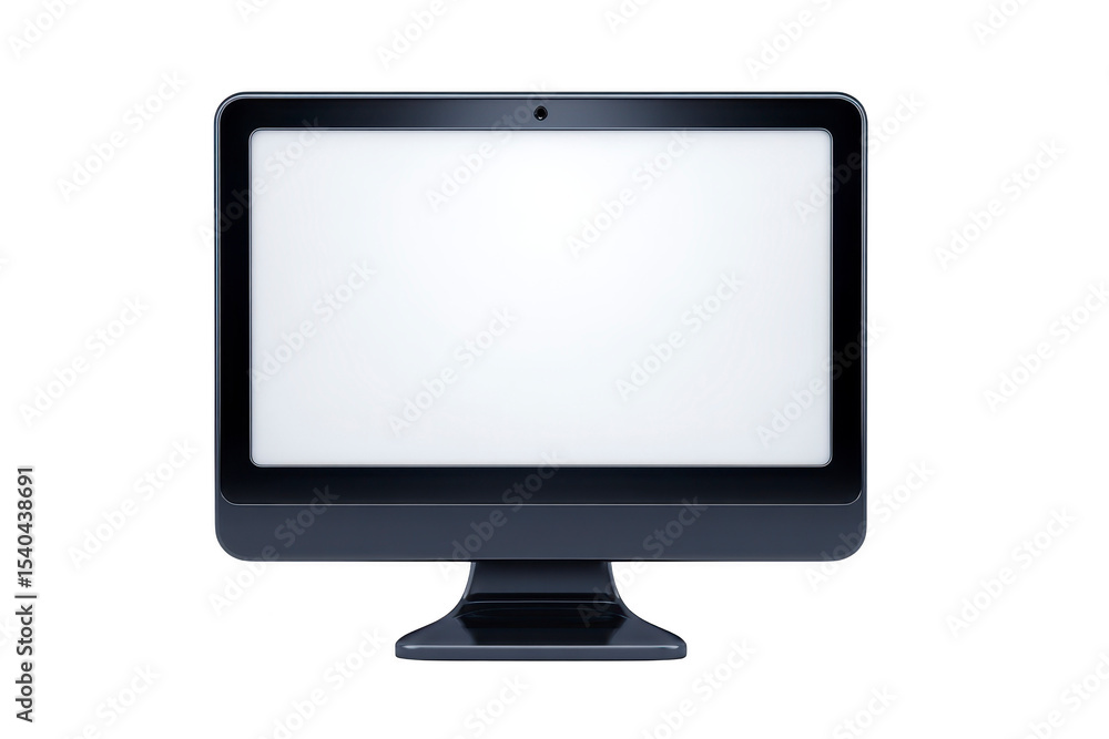 Poster sleek black computer monitor with blank white screen, featuring modern design and built in webcam at