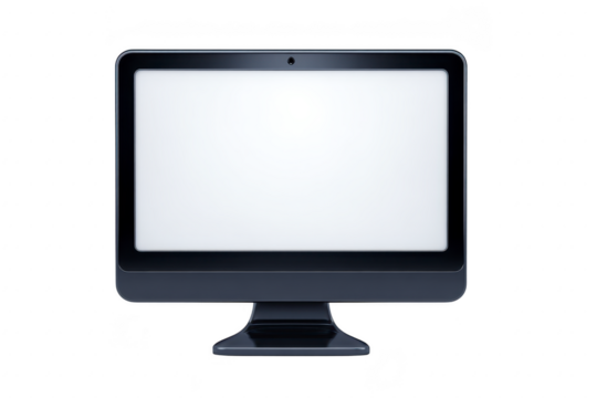 Sleek black computer monitor with blank white screen, featuring modern design and built in webcam at top. monitor is set against plain transparency background, emphasizing its minimalist style