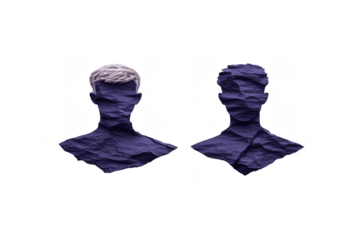 Abstract art featuring two human silhouettes with textured, crumpled paper effect in dark purple tones, conveying sense of mystery and introspection