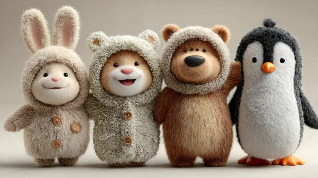 Adorable cartoon animals bunny, hamster, bear and penguin standing together in a row