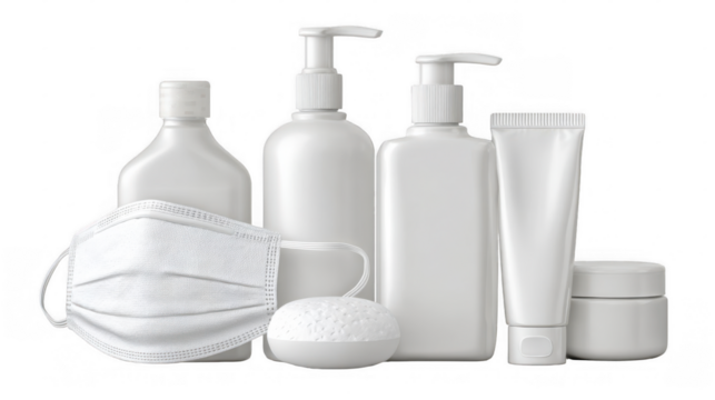 Displaying white generic containers for hygiene and sterilization products, including a face mask and bath sponge, highlights cleanliness and disease prevention