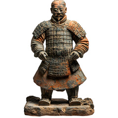 Ancient Japanese Haniwa tomb figure, Kofun period, terracotta warrior with detailed armor, weathered surface with authentic aging, isolated on a white background.