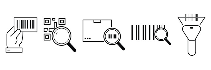 Barcode and QR code search with magnifying glass scanner hand parcel tracking inspection icon set vector illustration for product identification.