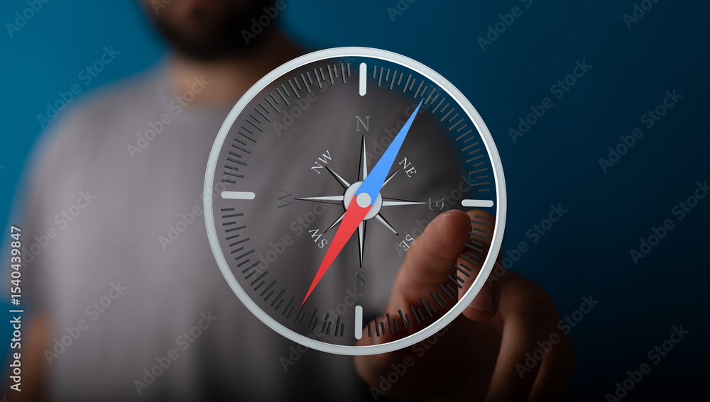 Poster Image of a person using a digital compass, symbolizing guidance and direction.