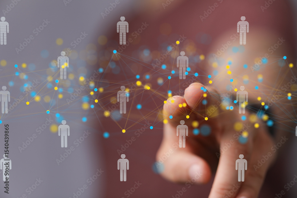 Poster visual representation of a global network connecting individuals. ideal for business, technology, an