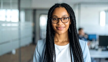 Brightly smiling young woman with long black hair and glasses posing confidently in business casual attire