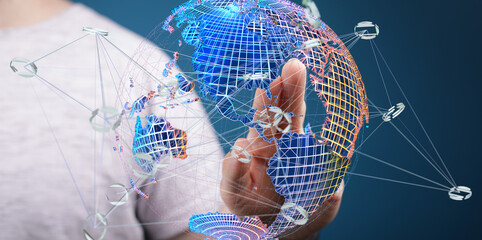 Abstract image of a hand interacting with a digital globe, symbolizing global connectivity and...