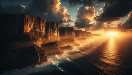 Majestic golden sunset over dramatic coastal cliffs with sunrays piercing through thick, moody clouds. 